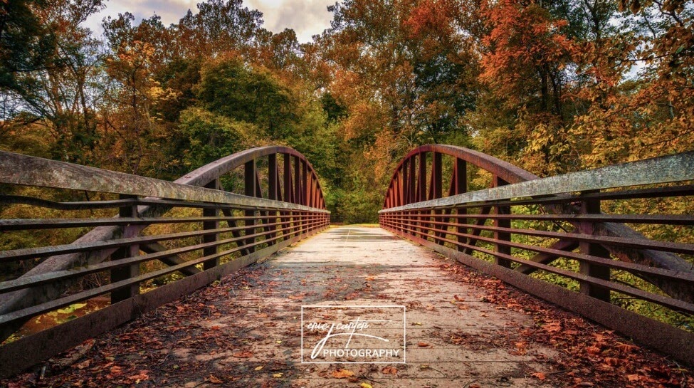 An autumnal photo of a bridge in the White Clay Creek, which is located in Newark, Delaware. The photo has a logo stating that it was taken by Eric Carter Photography. 